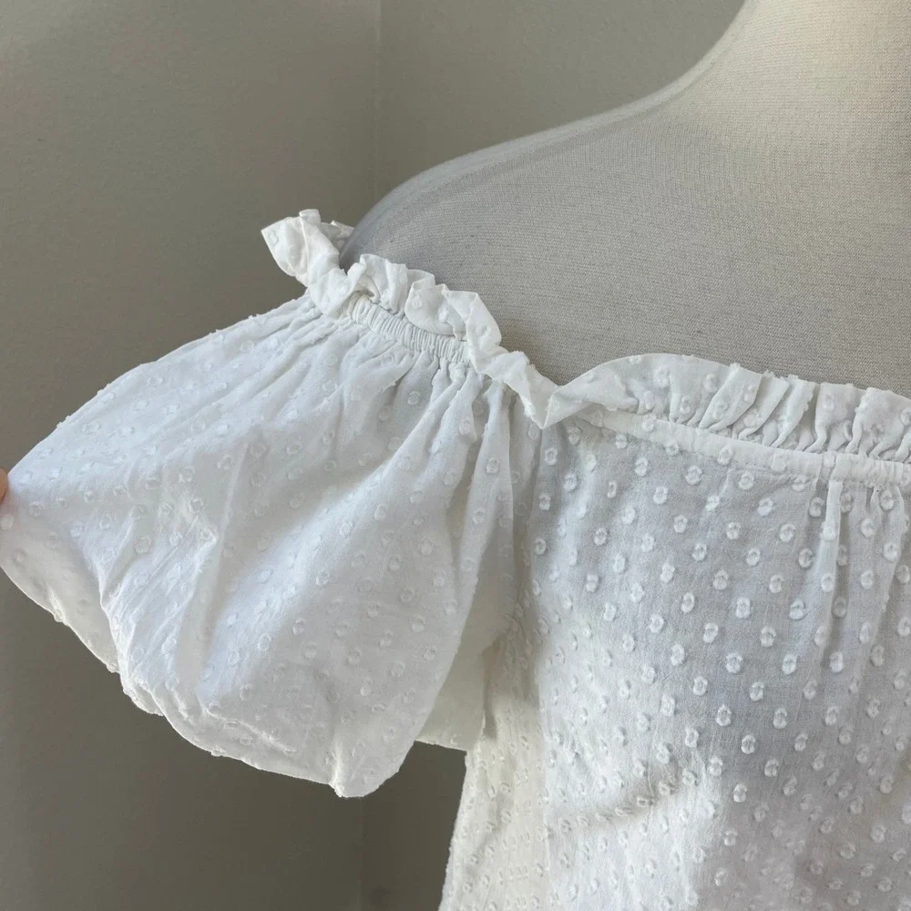 Maeve Anthropologie Womens 4 White Swiss‎ Dot Off The Shoulder Puff Sleeve Top